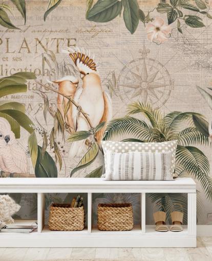 beige tropical wallpaper mural called Wistful Cockatoo Jungle Mural by Andrea Haase for bedrooms and living rooms beige tropical wallpaper mural called Wistful Cockatoo Jungle Mural by Andrea Haase for bedrooms and living rooms