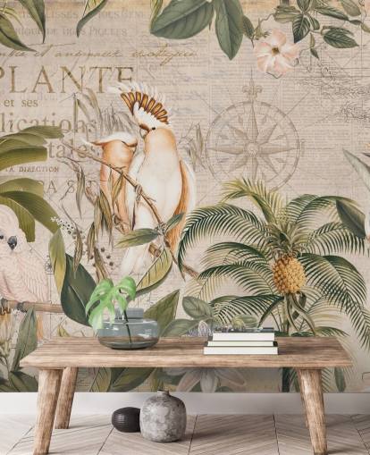 beige tropical wallpaper mural called Wistful Cockatoo Jungle Mural by Andrea Haase for bedrooms and living rooms