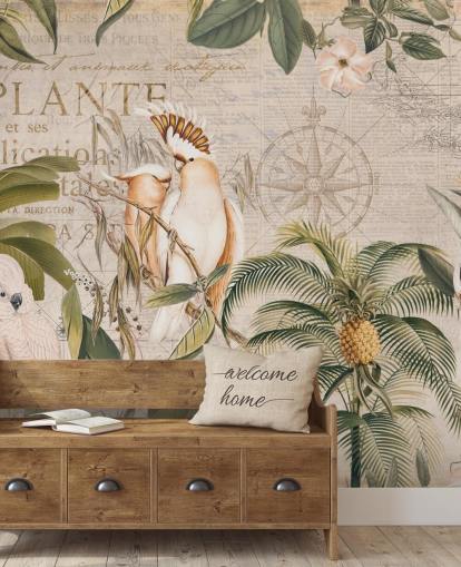 papier peint mural tropical beige appelé Wistful Cockatoo Jungle Mural d'Andrea Haase pour les chambres et les salons