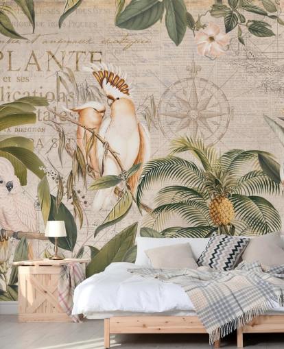 mural de papel pintado tropical beige llamado Wistful Cockatoo Jungle Mural de Andrea Haase para dormitorios y salas de estar