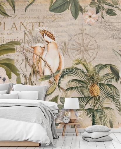 beige tropical wallpaper mural called Wistful Cockatoo Jungle Mural by Andrea Haase for bedrooms and living rooms
