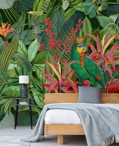 green and red customisable jungle wallpaper mural called Parrot King by Andrea Haase for bedrooms