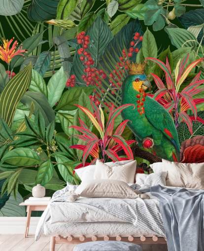 green and red customisable jungle wallpaper mural called Parrot King by Andrea Haase for bedrooms