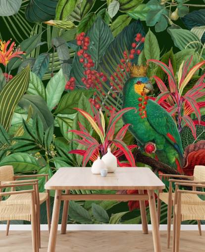 mural de papel de parede de selva personalizável verde e vermelho chamado Parrot King de Andrea Haase para quartos