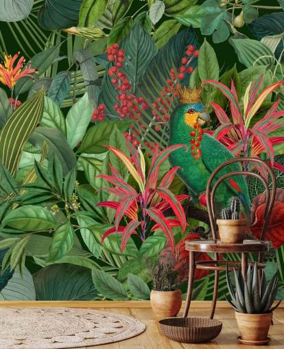 mural de papel pintado de la jungla personalizable verde y rojo llamado Parrot King de Andrea Haase para dormitorios