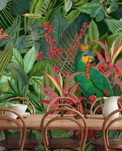 grön och röd anpassningsbar djungel tapetväggmålning kallad Parrot King av Andrea Haase för sovrum