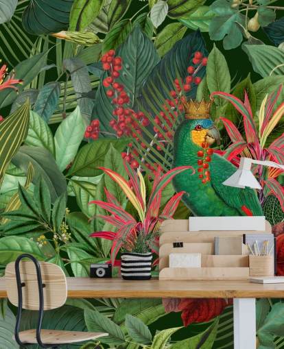 mural de papel pintado de la jungla personalizable verde y rojo llamado Parrot King de Andrea Haase para dormitorios