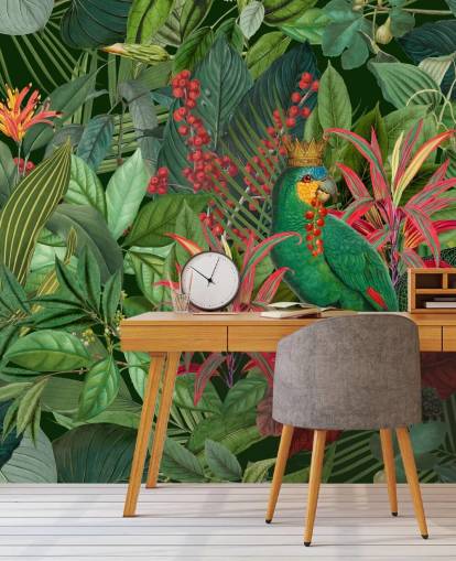 mural de papel de parede de selva personalizável verde e vermelho chamado Parrot King de Andrea Haase para quartos