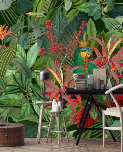 green and red customizable jungle wallpaper mural called Parrot King by Andrea Haase for bedrooms