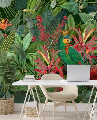mural de papel pintado de la jungla personalizable verde y rojo llamado Parrot King de Andrea Haase para dormitorios
