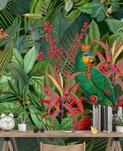 mural de papel pintado de la jungla personalizable verde y rojo llamado Parrot King de Andrea Haase para dormitorios mural de papel pintado de la jungla personalizable verde y rojo llamado Parrot King de Andrea Haase para dormitorios