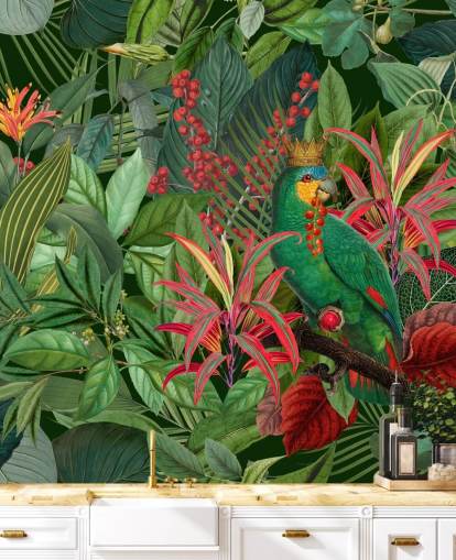 mural de papel pintado de la jungla personalizable verde y rojo llamado Parrot King de Andrea Haase para dormitorios mural de papel pintado de la jungla personalizable verde y rojo llamado Parrot King de Andrea Haase para dormitorios