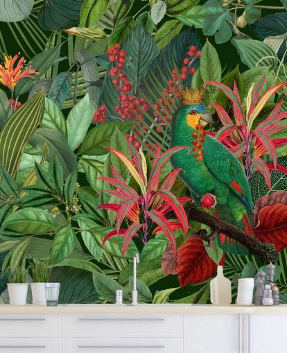 green and red customisable jungle wallpaper mural called Parrot King by Andrea Haase for bedrooms