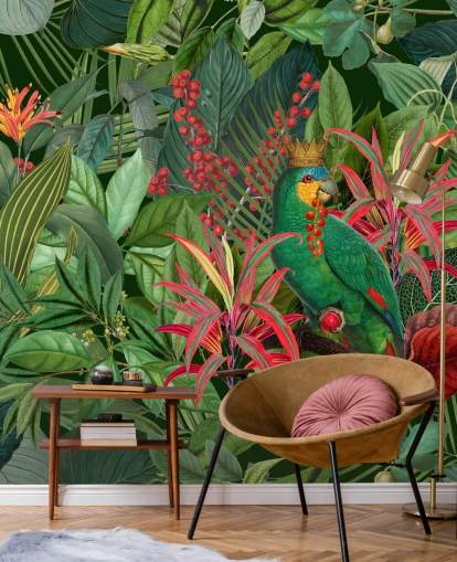 green and red customizable jungle wallpaper mural called Parrot King by Andrea Haase for bedrooms