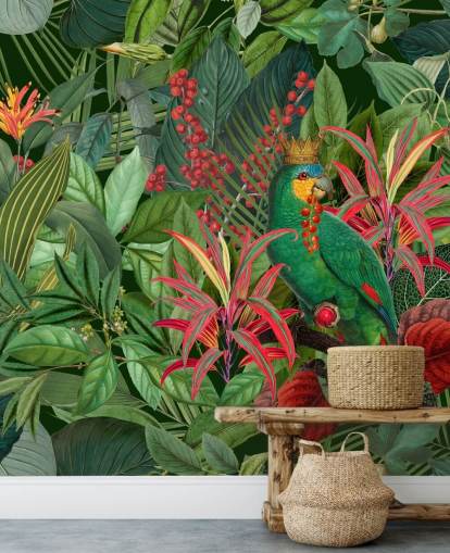 mural de papel de parede de selva personalizável verde e vermelho chamado Parrot King de Andrea Haase para quartos