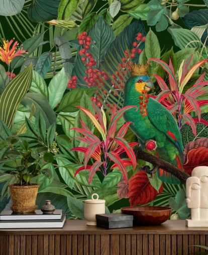 green and red customisable jungle wallpaper mural called Parrot King by Andrea Haase for bedrooms green and red customisable jungle wallpaper mural called Parrot King by Andrea Haase for bedrooms