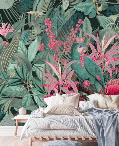 green and pink customisable tropical wallpaper called King of Parrots by Andrea Haase for bedrooms