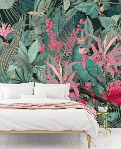 papel de parede tropical personalizável verde e rosa chamado King of Parrots de Andrea Haase para quartos