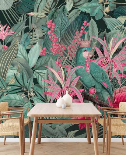papel de parede tropical personalizável verde e rosa chamado King of Parrots de Andrea Haase para quartos