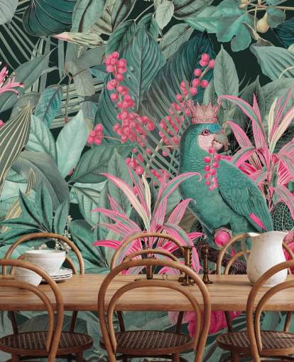 papel de parede tropical personalizável verde e rosa chamado King of Parrots de Andrea Haase para quartos papel de parede tropical personalizável verde e rosa chamado King of Parrots de Andrea Haase para quartos