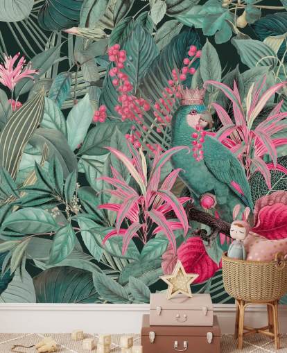 papier peint tropical personnalisable vert et rose appelé King of Parrots par Andrea Haase pour les chambres