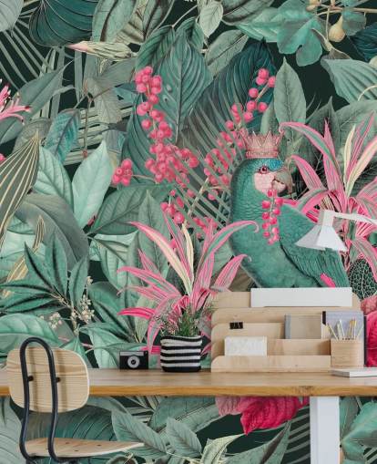 green and pink customisable tropical wallpaper called King of Parrots by Andrea Haase for bedrooms
