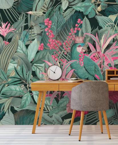 green and pink customizable tropical wallpaper called King of Parrots by Andrea Haase for bedrooms