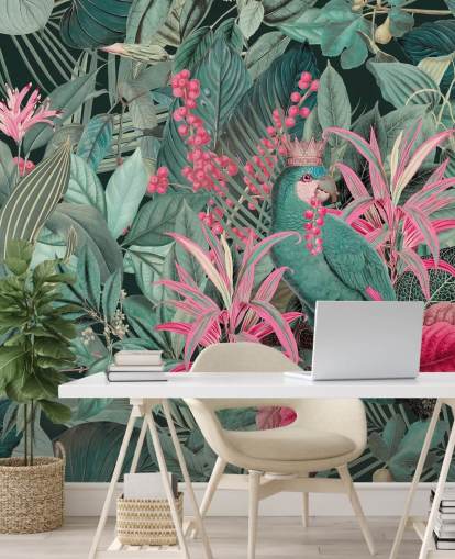 green and pink customisable tropical wallpaper called King of Parrots by Andrea Haase for bedrooms