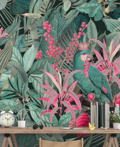 grön och rosa anpassningsbar tropisk tapet kallad King of Parrots av Andrea Haase för sovrum grön och rosa anpassningsbar tropisk tapet kallad King of Parrots av Andrea Haase för sovrum