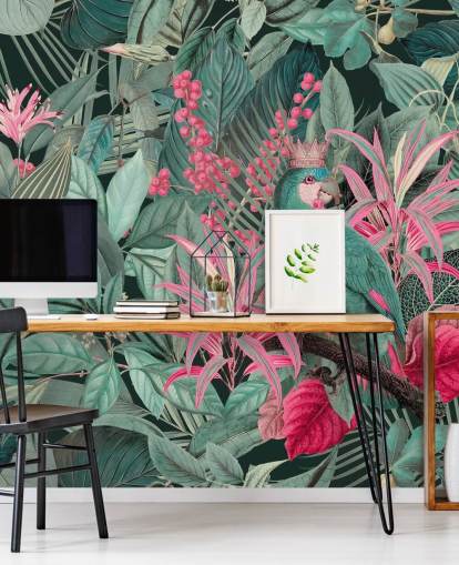 green and pink customizable tropical wallpaper called King of Parrots by Andrea Haase for bedrooms