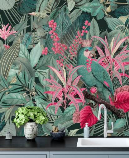 green and pink customizable tropical wallpaper called King of Parrots by Andrea Haase for bedrooms green and pink customizable tropical wallpaper called King of Parrots by Andrea Haase for bedrooms