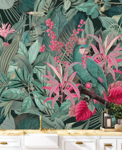 papel de parede tropical personalizável verde e rosa chamado King of Parrots de Andrea Haase para quartos