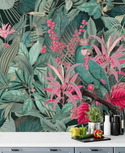 green and pink customizable tropical wallpaper called King of Parrots by Andrea Haase for bedrooms