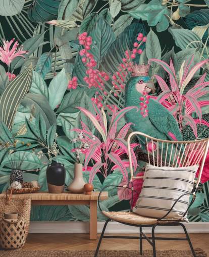 papel de parede tropical personalizável verde e rosa chamado King of Parrots de Andrea Haase para quartos