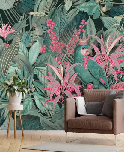 papel de parede tropical personalizável verde e rosa chamado King of Parrots de Andrea Haase para quartos