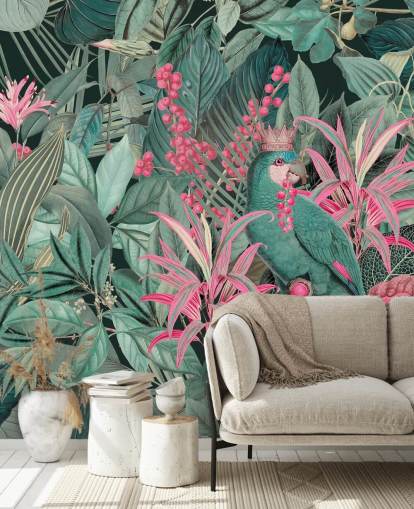 green and pink customizable tropical wallpaper called King of Parrots by Andrea Haase for bedrooms