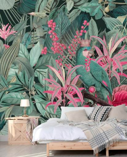 green and pink customisable tropical wallpaper called King of Parrots by Andrea Haase for bedrooms