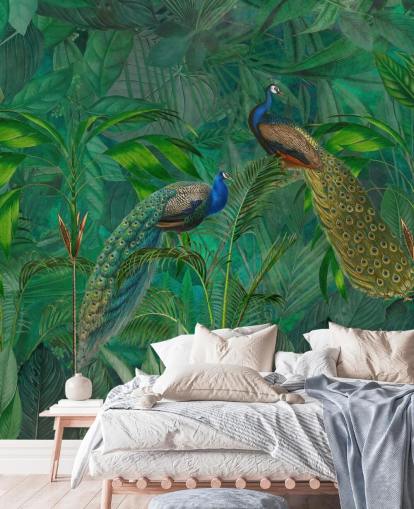 papel pintado verde personalizado de pavo real llamado Peacock Paradise Jungle de Andrea Haase para dormitorio o sala de estar papel pintado verde personalizado de pavo real llamado Peacock Paradise Jungle de Andrea Haase para dormitorio o sala de estar