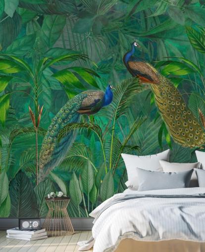 green custom peacock wallpaper called Peacock Paradise Jungle by Andrea Haase for bedroom or living room