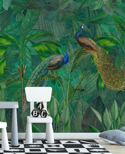 green custom peacock wallpaper called Peacock Paradise Jungle by Andrea Haase for bedroom or living room