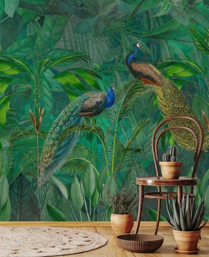 green custom peacock wallpaper called Peacock Paradise Jungle by Andrea Haase for bedroom or living room