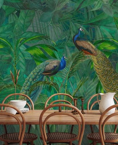 grön anpassad påfågel tapet kallad Peacock Paradise Jungle av Andrea Haase för sovrum eller vardagsrum grön anpassad påfågel tapet kallad Peacock Paradise Jungle av Andrea Haase för sovrum eller vardagsrum