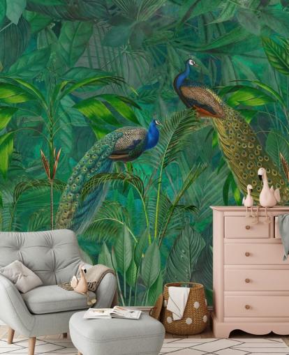 papel de parede de pavão personalizado verde chamado Peacock Paradise Jungle de Andrea Haase para quarto ou sala de estar