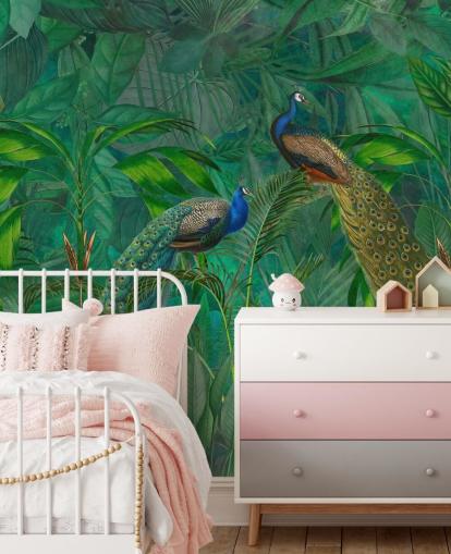 Andrea Haasen vihreä mukautettu riikinkukko-taustakuva nimeltä Peacock Paradise Jungle makuuhuoneeseen tai olohuoneeseen Andrea Haasen vihreä mukautettu riikinkukko-taustakuva nimeltä Peacock Paradise Jungle makuuhuoneeseen tai olohuoneeseen