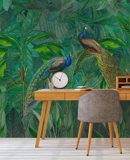 papel pintado verde personalizado de pavo real llamado Peacock Paradise Jungle de Andrea Haase para dormitorio o sala de estar