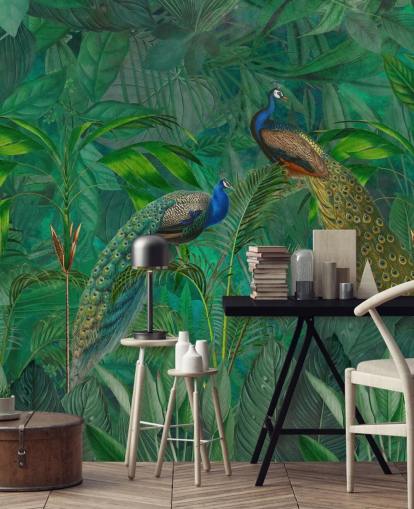 papel de parede de pavão personalizado verde chamado Peacock Paradise Jungle de Andrea Haase para quarto ou sala de estar papel de parede de pavão personalizado verde chamado Peacock Paradise Jungle de Andrea Haase para quarto ou sala de estar