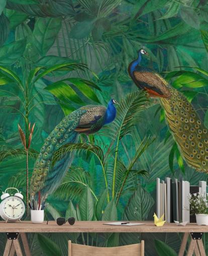 papel de parede de pavão personalizado verde chamado Peacock Paradise Jungle de Andrea Haase para quarto ou sala de estar