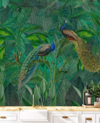 grønt tilpasset påfugl tapet kalt Peacock Paradise Jungle av Andrea Haase for soverom eller stue grønt tilpasset påfugl tapet kalt Peacock Paradise Jungle av Andrea Haase for soverom eller stue