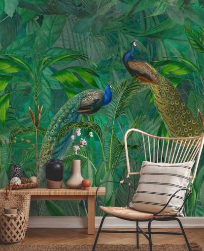 Andrea Haasen vihreä mukautettu riikinkukko-taustakuva nimeltä Peacock Paradise Jungle makuuhuoneeseen tai olohuoneeseen