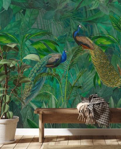 grønt brugerdefineret påfugl tapet kaldet Peacock Paradise Jungle af Andrea Haase til soveværelse eller stue grønt brugerdefineret påfugl tapet kaldet Peacock Paradise Jungle af Andrea Haase til soveværelse eller stue